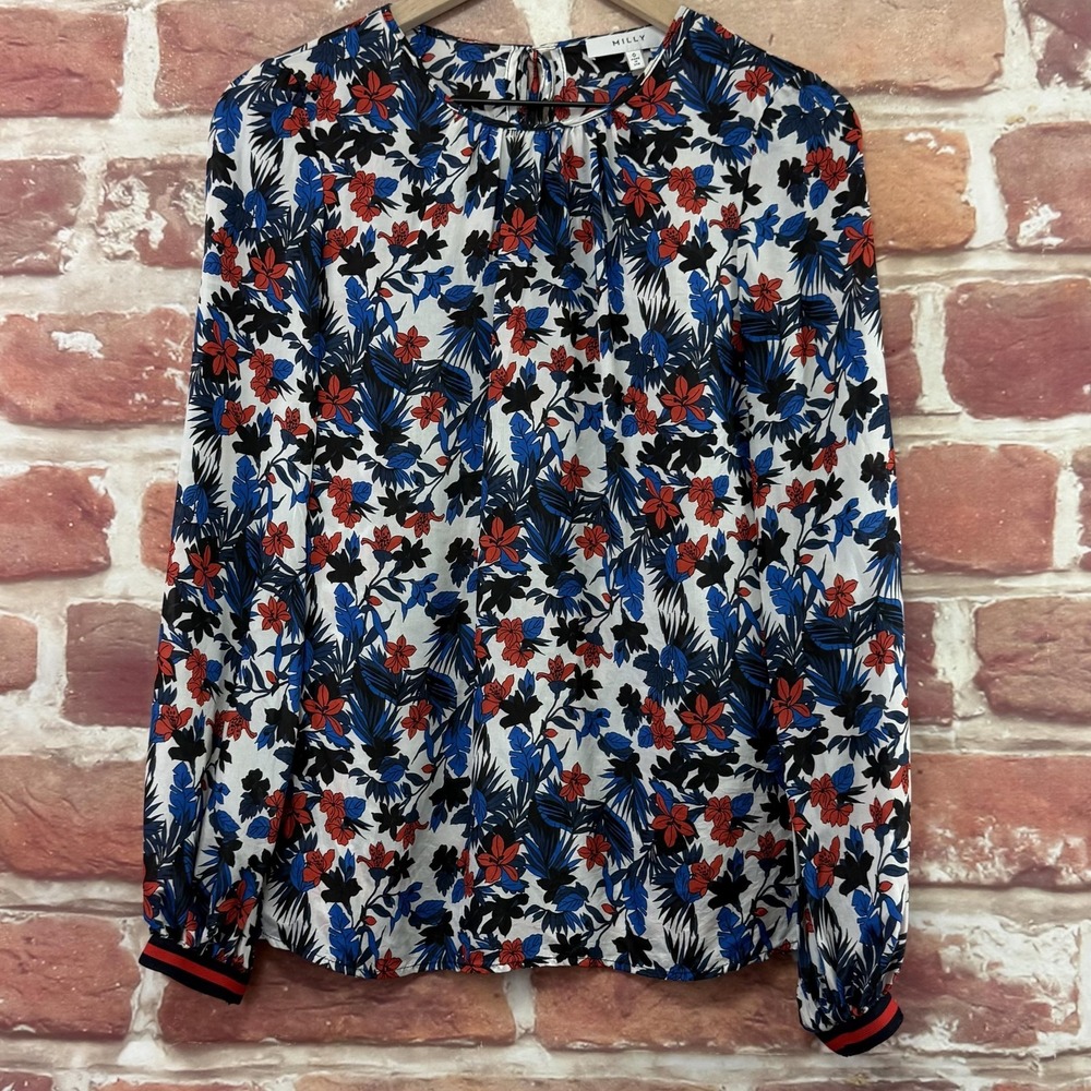 Milly Top Women's 0 Multicolor Floral Striped Abstract Silk Casual Career Shirt